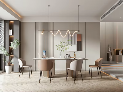 Modern Restaurant Interior Design With Dining Table Chairs Pendant Lights Green Plants And Wall Artwork 3d model