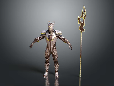 Decorative Spear 3D Model with Flame Shaped Gold and Black Metallic Design 3d model