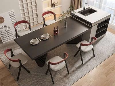 Dark Dining Table Set With Four Red Backrest Light Cushion Chairs Plates Wine Glasses Plant Vase 3d model
