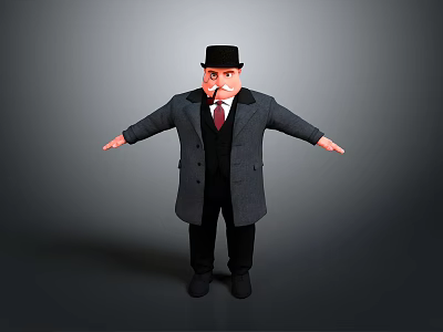 Vintage Male Character Wearing Top Hat And Long Coat With Pipe Arms Extended 3d model