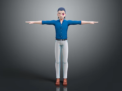 3D Character Model With Blue Shirt White Striped Pants Brown Shoes And Arms Outstretched Pose 3d model