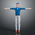 3D Character Model With Blue Shirt White Striped Pants Brown Shoes And Arms Outstretched Pose