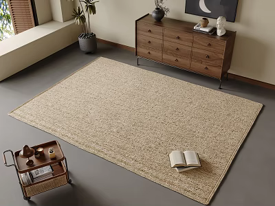 Beige Woven Square Rug In Cozy Living Room With Wooden Cabinet And Plant 3d model
