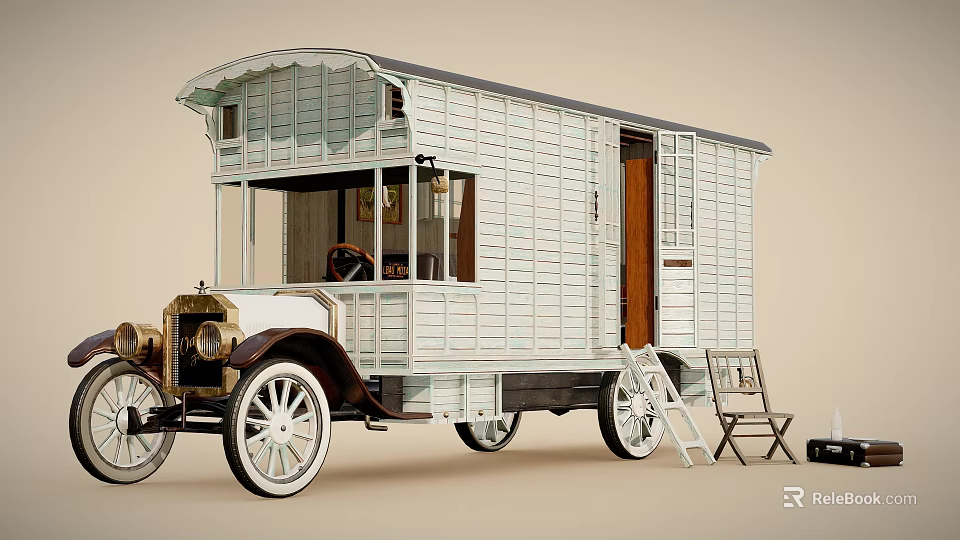 White Wooden Vintage Carriage with Open Door Ladder and Chair Nearby Structure 3d model 