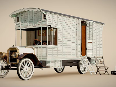 White Wooden Vintage Carriage with Open Door Ladder and Chair Nearby Structure 3d model