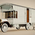 White Wooden Vintage Carriage with Open Door Ladder and Chair Nearby Structure