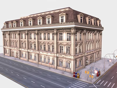Historic Building with Classical Windows and Stone Facade along Urban Street with Street Lamps 3d model