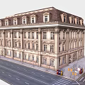 Historic Building with Classical Windows and Stone Facade along Urban Street with Street Lamps
