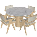 Modern Minimalist Dining Table Set With Round Marble Top And Four Wooden Upholstered Chairs