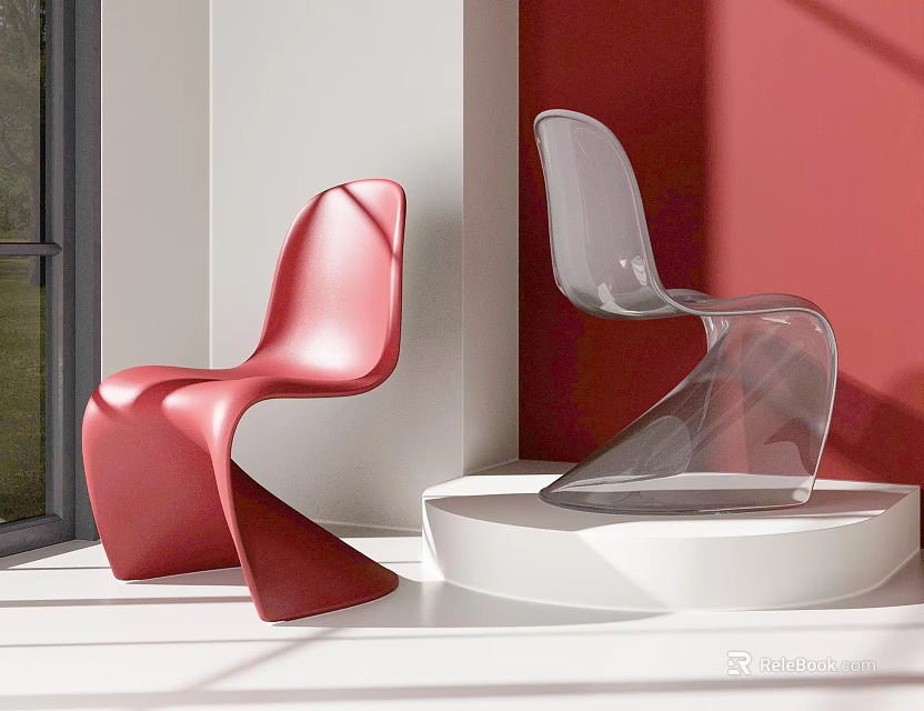 Red And Transparent Modern Design Chairs In Interior With Red Wall White Platform And Window 3d model 