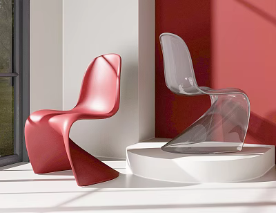 Red And Transparent Modern Design Chairs In Interior With Red Wall White Platform And Window 3d model