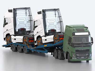 Green Volvo Truck Hauls Car Carrier With Two White Volvo Trucks 3d model