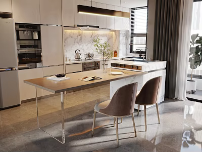 Modern Dining Table Set With Marble Top And Elegant Upholstered Chairs In Kitchen Interior 3d model
