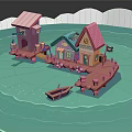 Cartoon Scene With Pink Roofed Houses Wooden Dock And Small Boat On Water