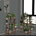 Indoor Garden Decor With Tiered Wooden Plant Shelves And Various Green Potted Plants