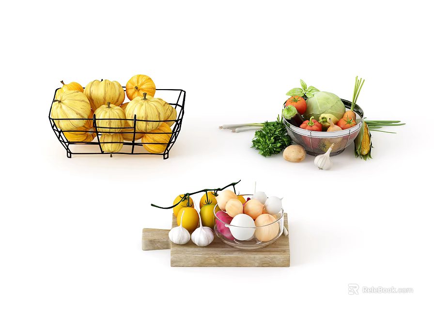 Mixed Fresh Vegetables with Yellow Pumpkins in Wire Basket and Bowl on Wooden Cutting Board 3d model 