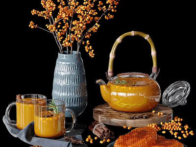 Elegant Glass Tea Set With Bamboo Handle Teapot Glass Cups Orange Liquid Berries Wooden Tray 3d model