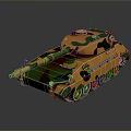 Military Camouflage Tank with Orange Green Black Pattern Turret And Tracks On Dark Background