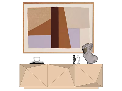 Abstract Geometric Painting Above Modern Sideboard With White Cup Books Figurines And Gray Sculpture 3d model