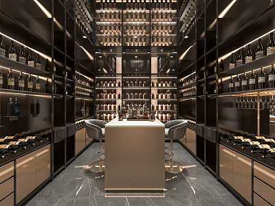 Luxurious Wine Cellar Interior Design With Wine Racks Wine Bottles And Bar Counter Lighting 3d model
