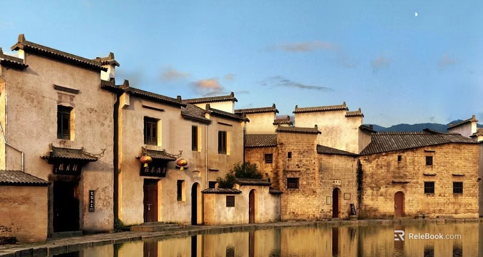 Ancient Chinese Architecture With Traditional Roofs And Pond Reflection Under Blue Sky 3d model 