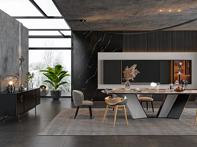 Modern Restaurant Interior With Dark Walls Marble Accents Open Design Green Plants And Dining Table 3d model