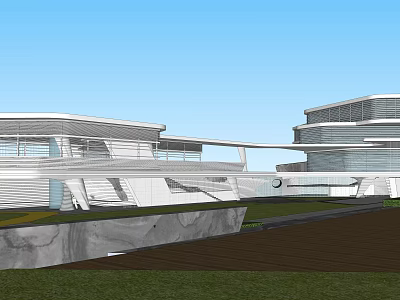 Modern Sales Office Building Featuring Glass Curtain Walls And Unique Architectural Design With Landscaped Surroundings 3d model