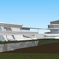 Modern Sales Office Building Featuring Glass Curtain Walls And Unique Architectural Design With Landscaped Surroundings