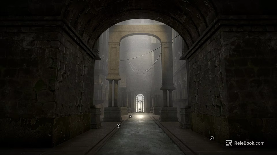 Ancient Architecture Interior With Stone Archway Columns Walls And Illuminated Passage 3d model 