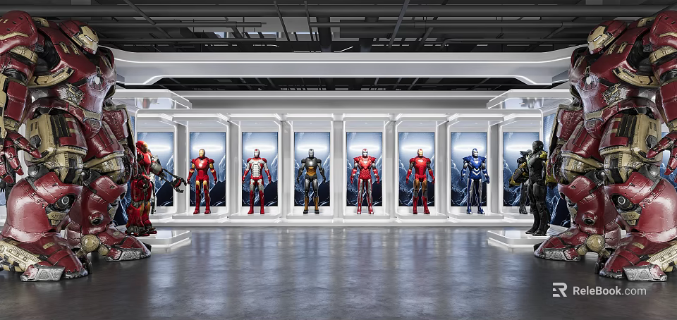 Iron Man Suits Displayed In Modern Exhibition Hall With White Cases And Smooth Floor 3d model 