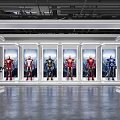 Iron Man Suits Displayed In Modern Exhibition Hall With White Cases And Smooth Floor