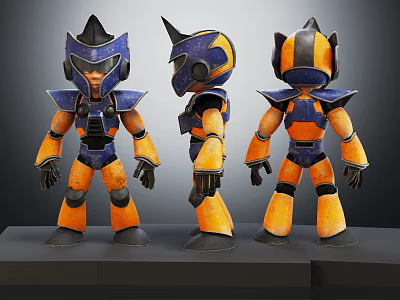 Three Angles of Blue and Orange Armored Character with Horned Helmet 3D Model Design 3d model