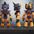 Three Angles of Blue and Orange Armored Character with Horned Helmet 3D Model Design