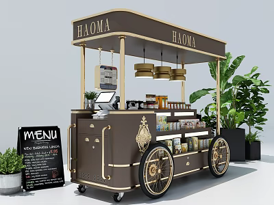 HAOMA Mobile Food Cart With Menu Board Coffee Machine Shelves Wheels And Plants 3d model