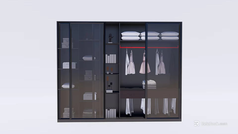 Modern Black Glass Door Wardrobe With Organized Hanging Folded Clothes And Storage Shelves 3d model 