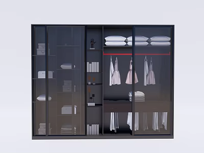 Modern Black Glass Door Wardrobe With Organized Hanging Folded Clothes And Storage Shelves 3d model