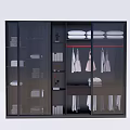 Modern Black Glass Door Wardrobe With Organized Hanging Folded Clothes And Storage Shelves