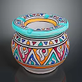 Vibrant Multicolored Ceramic Sculpture with Geometric Patterns and Intricate Decorative Carvings on Traditional Handcrafted Design