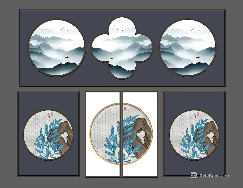 Traditional Chinese Landscape Paintings With Circular Clover Shaped Compositions Mountains Water Clouds And Blue Plants 3d model 