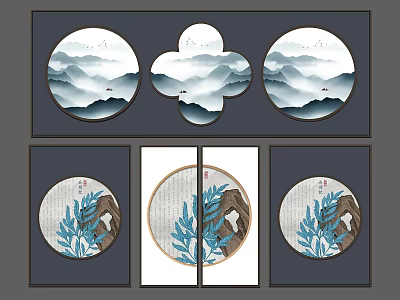 Traditional Chinese Landscape Paintings With Circular Clover Shaped Compositions Mountains Water Clouds And Blue Plants 3d model