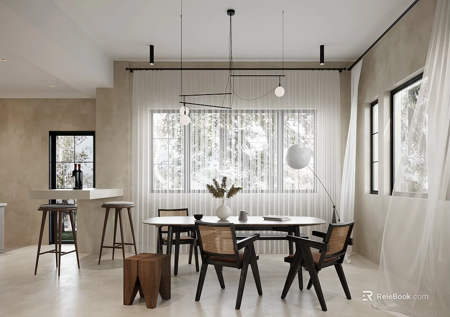 Modern Open Restaurant Interior With Round Dining Table Wooden Chairs Pendant Lights And Sheer Curtains 3d model 