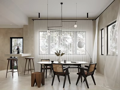 Modern Open Restaurant Interior With Round Dining Table Wooden Chairs Pendant Lights And Sheer Curtains 3d model
