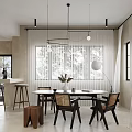 Modern Open Restaurant Interior With Round Dining Table Wooden Chairs Pendant Lights And Sheer Curtains