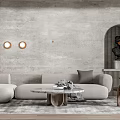 Modern Gray Sofa Coffee Table Set With Round Table Concrete Wall Circular Decor And Rug 3d model