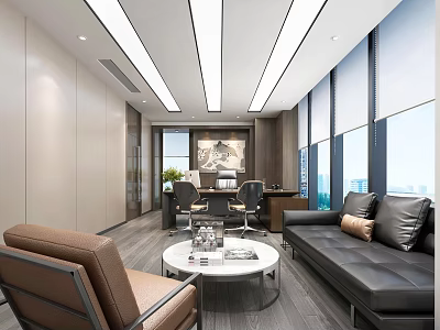 Modern Office Interior With Leather Sofa Coffee Table And Work Desk 3d model
