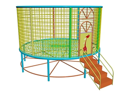 Outdoor Playground Equipment Circular Trampoline With Yellow Mesh Enclosure Blue Frame And Orange Stairs 3d model