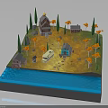 3D Rural Landscape With Cottages Green Trees Orange Shrubs White Caravan And Small River