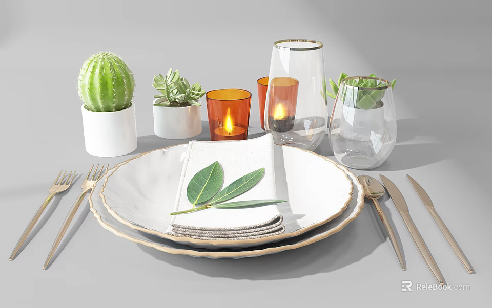 Elegant Tableware Set With Green Leaf Napkin Silver Cutlery Potted Plants And Glass Candles 3d model 