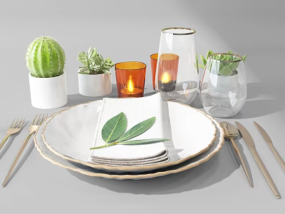 Elegant Tableware Set With Green Leaf Napkin Silver Cutlery Potted Plants And Glass Candles 3d model