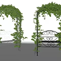 Outdoor Iron Chair With Curved Design Under Vine Covered Arbor
